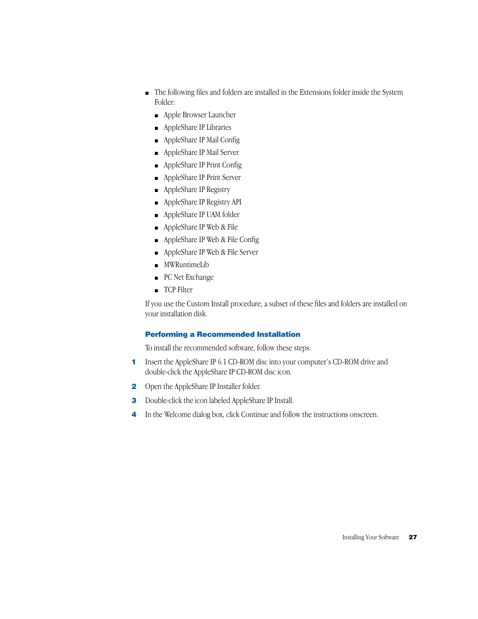 Performing a recommended installation | Apple AppleShare IP 6.1 User Manual | Page 27 / 72