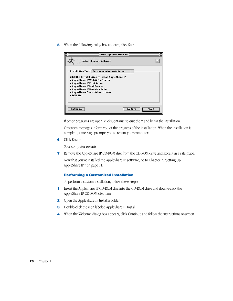 Performing a customized installation | Apple AppleShare IP 6.1 User Manual | Page 28 / 72