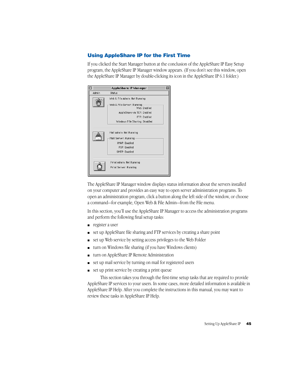 Using appleshareip for the first time | Apple AppleShare IP 6.1 User Manual | Page 45 / 72