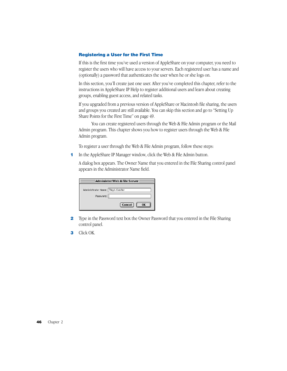 Registering a user for the first time | Apple AppleShare IP 6.1 User Manual | Page 46 / 72