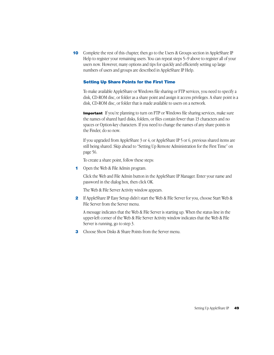 Setting up share points for the first time | Apple AppleShare IP 6.1 User Manual | Page 49 / 72