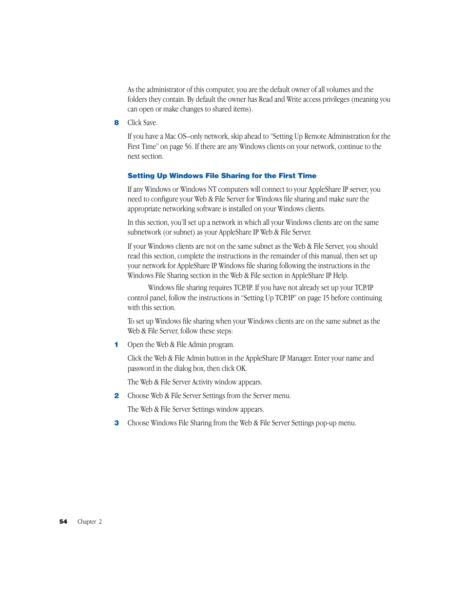 Setting up windows file sharing for the first time | Apple AppleShare IP 6.1 User Manual | Page 54 / 72