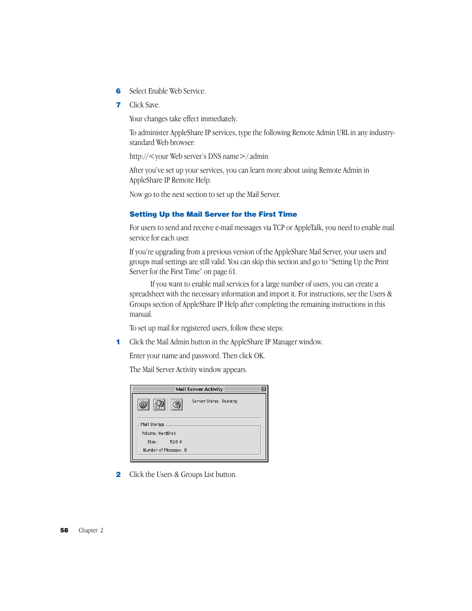 Setting up the mail server for the first time | Apple AppleShare IP 6.1 User Manual | Page 58 / 72