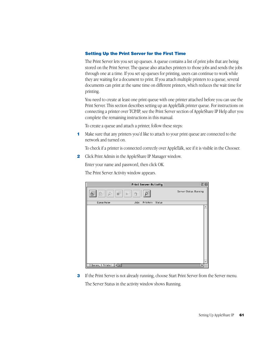 Setting up the print server for the first time | Apple AppleShare IP 6.1 User Manual | Page 61 / 72