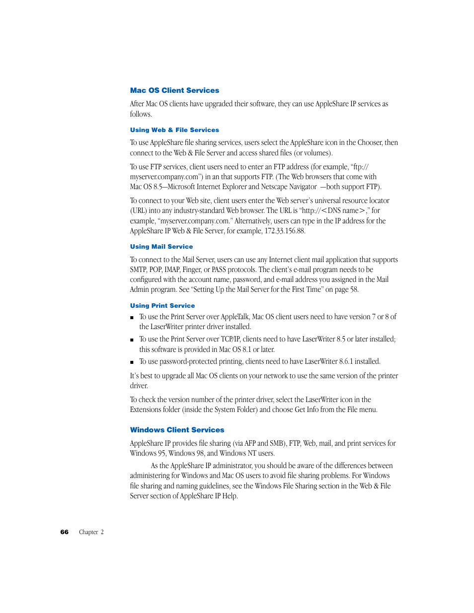 Macos client services, Windows client services | Apple AppleShare IP 6.1 User Manual | Page 66 / 72