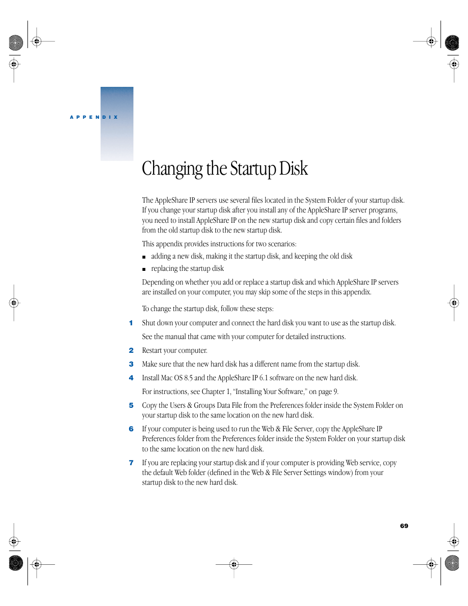 Changing the startup disk | Apple AppleShare IP 6.1 User Manual | Page 69 / 72