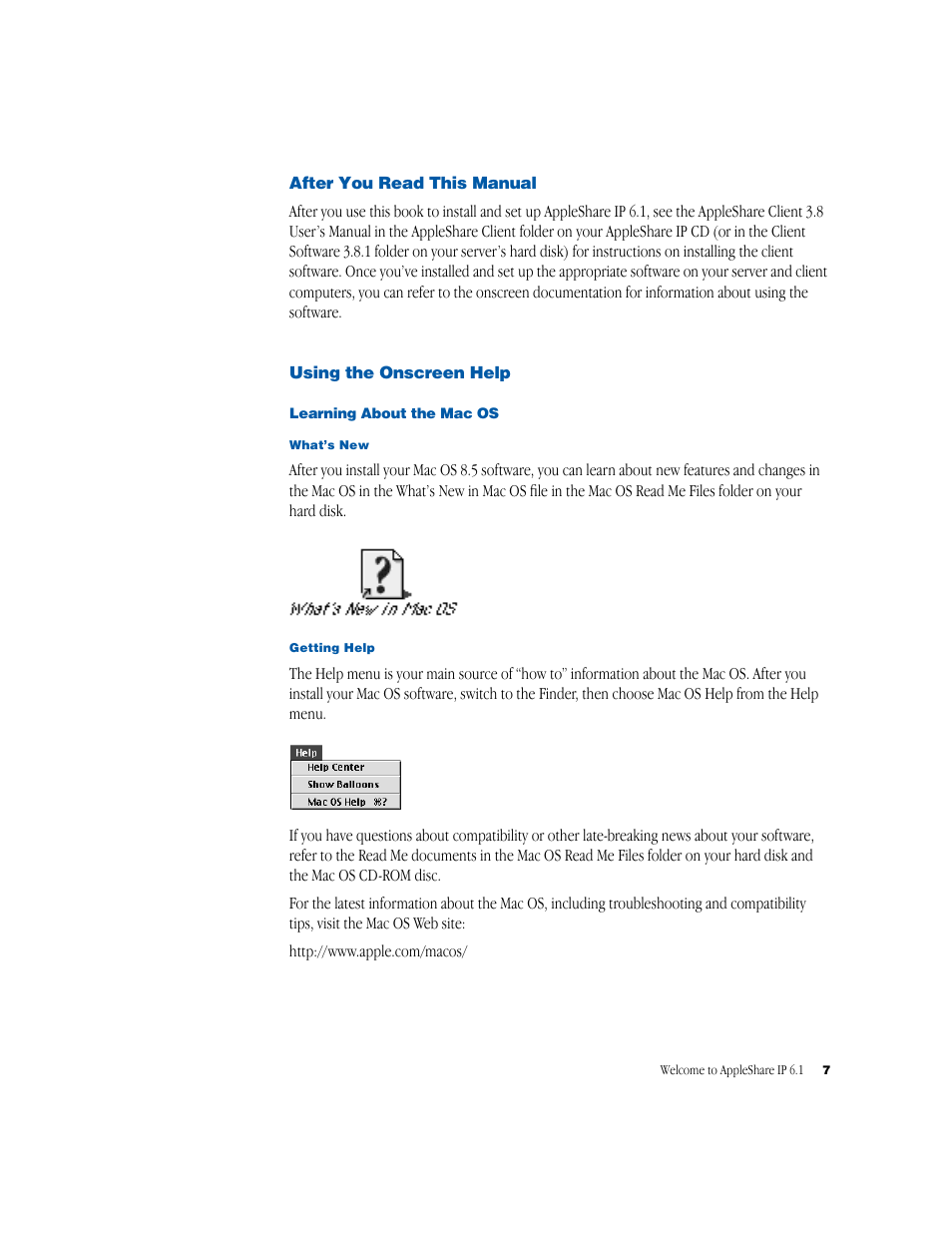 After you read this manual, Using the onscreen help, Learning about the macos | Apple AppleShare IP 6.1 User Manual | Page 7 / 72