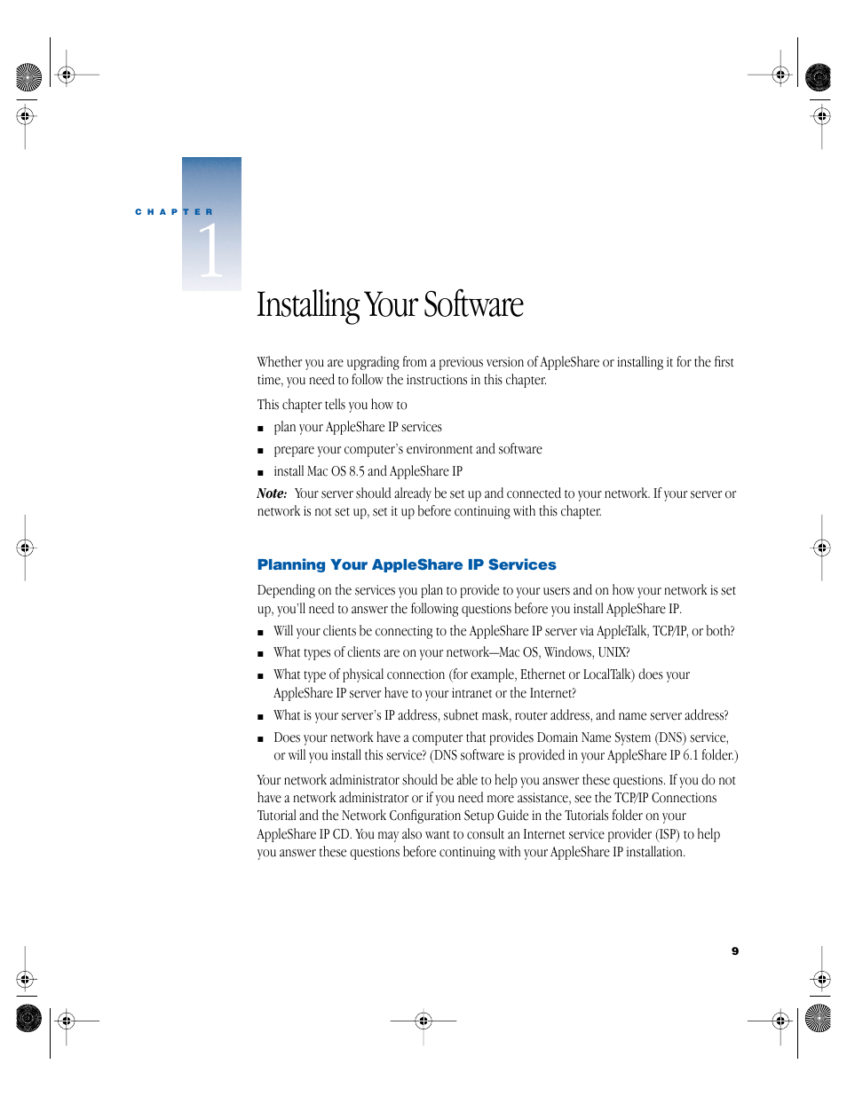 Installing your software, Planning your appleshare ip services | Apple AppleShare IP 6.1 User Manual | Page 9 / 72