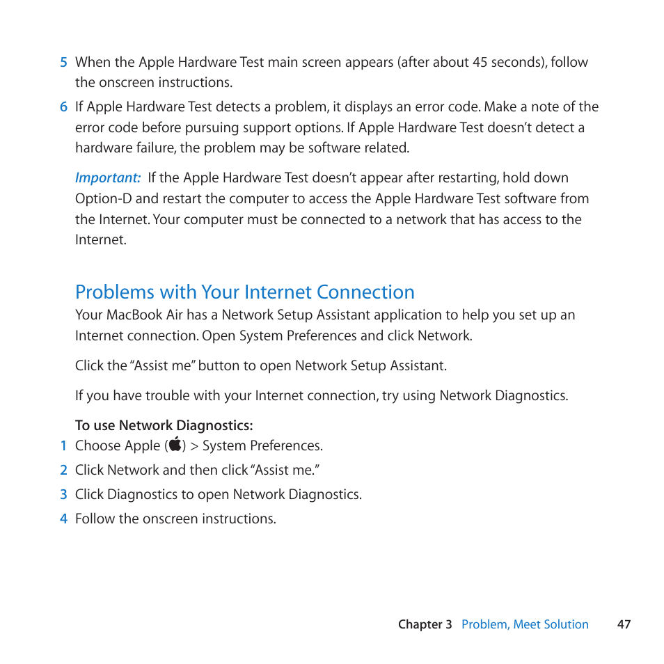 Problems with your internet connection, 47 problems with your internet connection | Apple MacBook Air (13-inch, Mid 2011) User Manual | Page 47 / 76