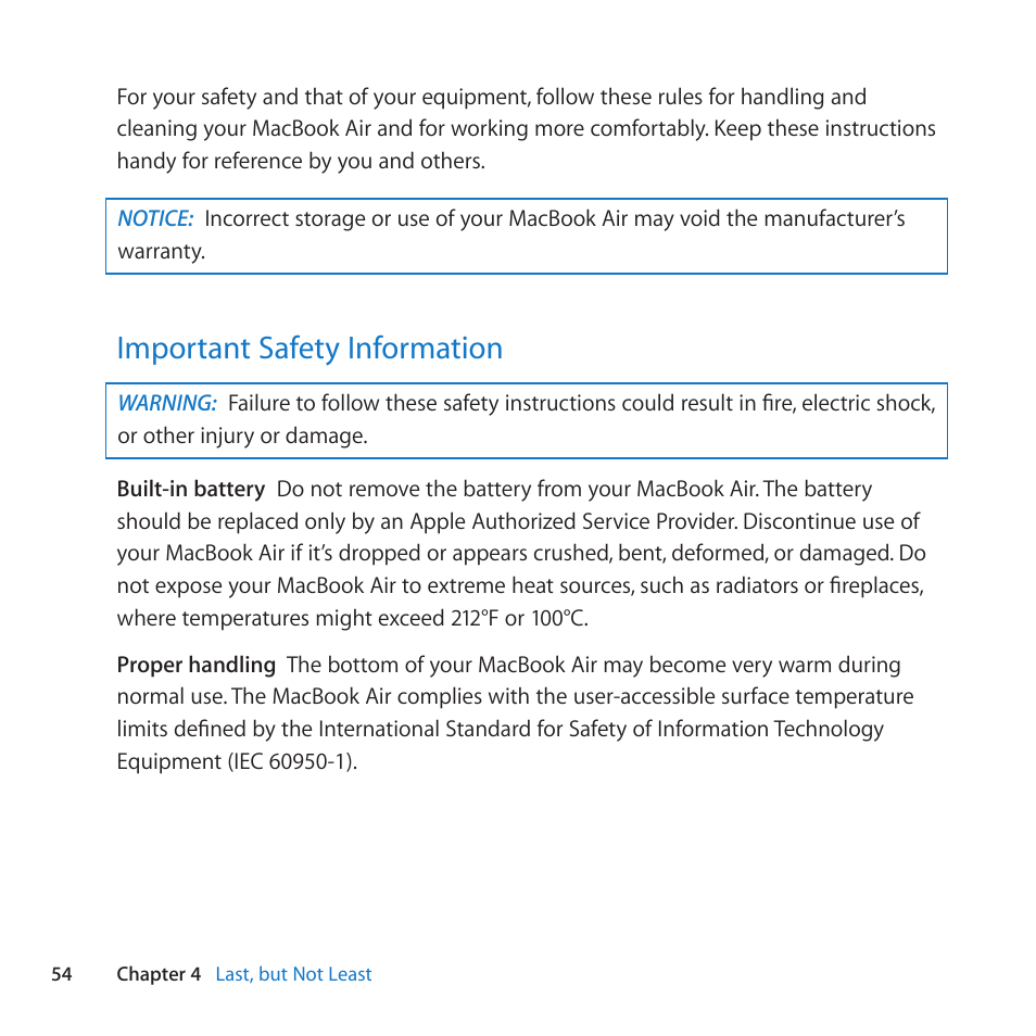 Important safety information, 54 important safety information | Apple MacBook Air (13-inch, Mid 2011) User Manual | Page 54 / 76