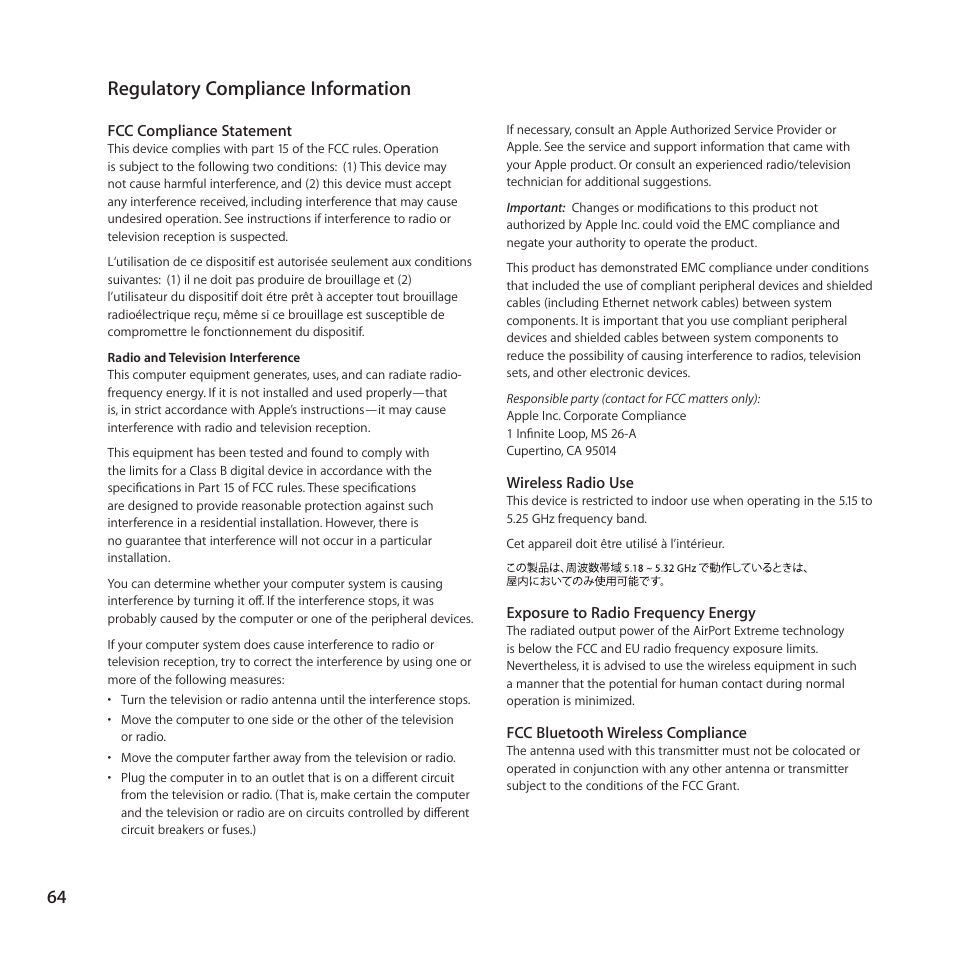 Regulatory compliance information, 64 regulatory compliance information | Apple MacBook Air (13-inch, Mid 2011) User Manual | Page 64 / 76