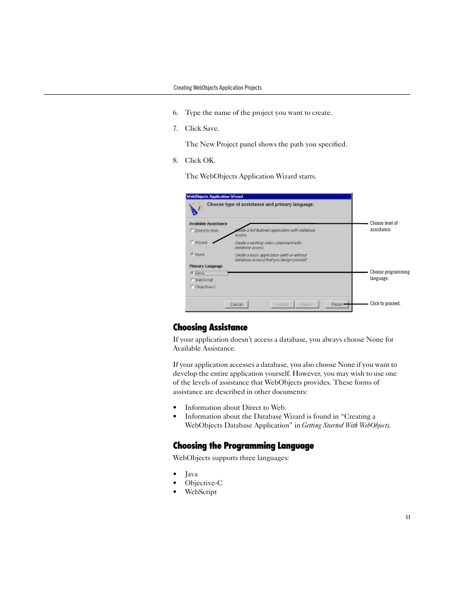Choosing assistance, Choosing the programming language | Apple WebObjects 3.5 Tools And Techniques User Manual | Page 11 / 88