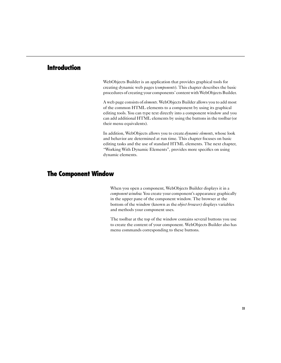 Introduction, The component window | Apple WebObjects 3.5 Tools And Techniques User Manual | Page 33 / 88