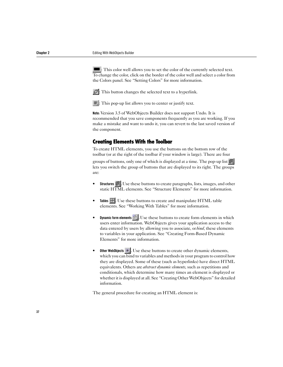 Creating elements with the toolbar | Apple WebObjects 3.5 Tools And Techniques User Manual | Page 37 / 88