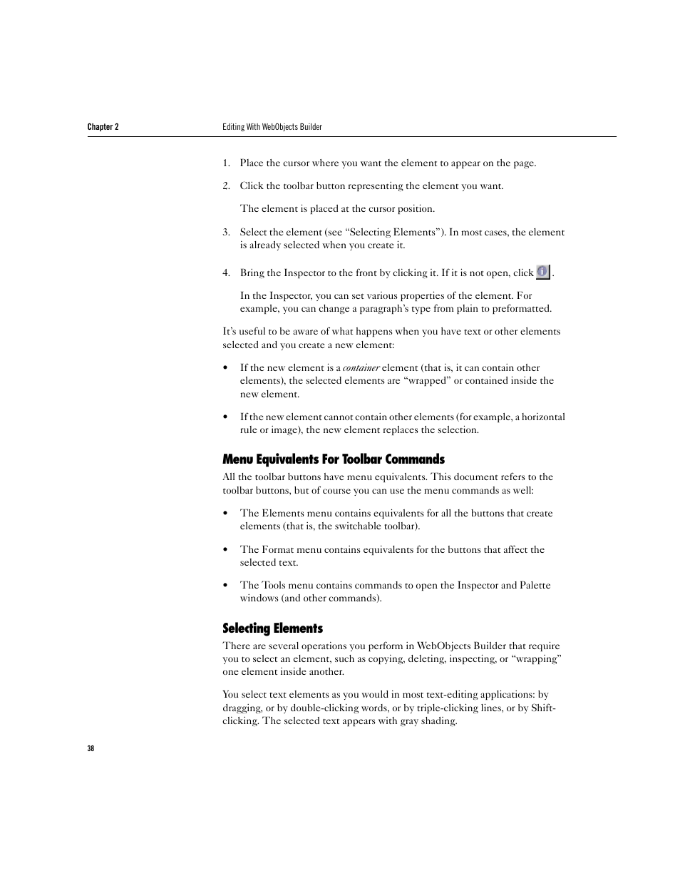 Menu equivalents for toolbar commands, Selecting elements | Apple WebObjects 3.5 Tools And Techniques User Manual | Page 38 / 88