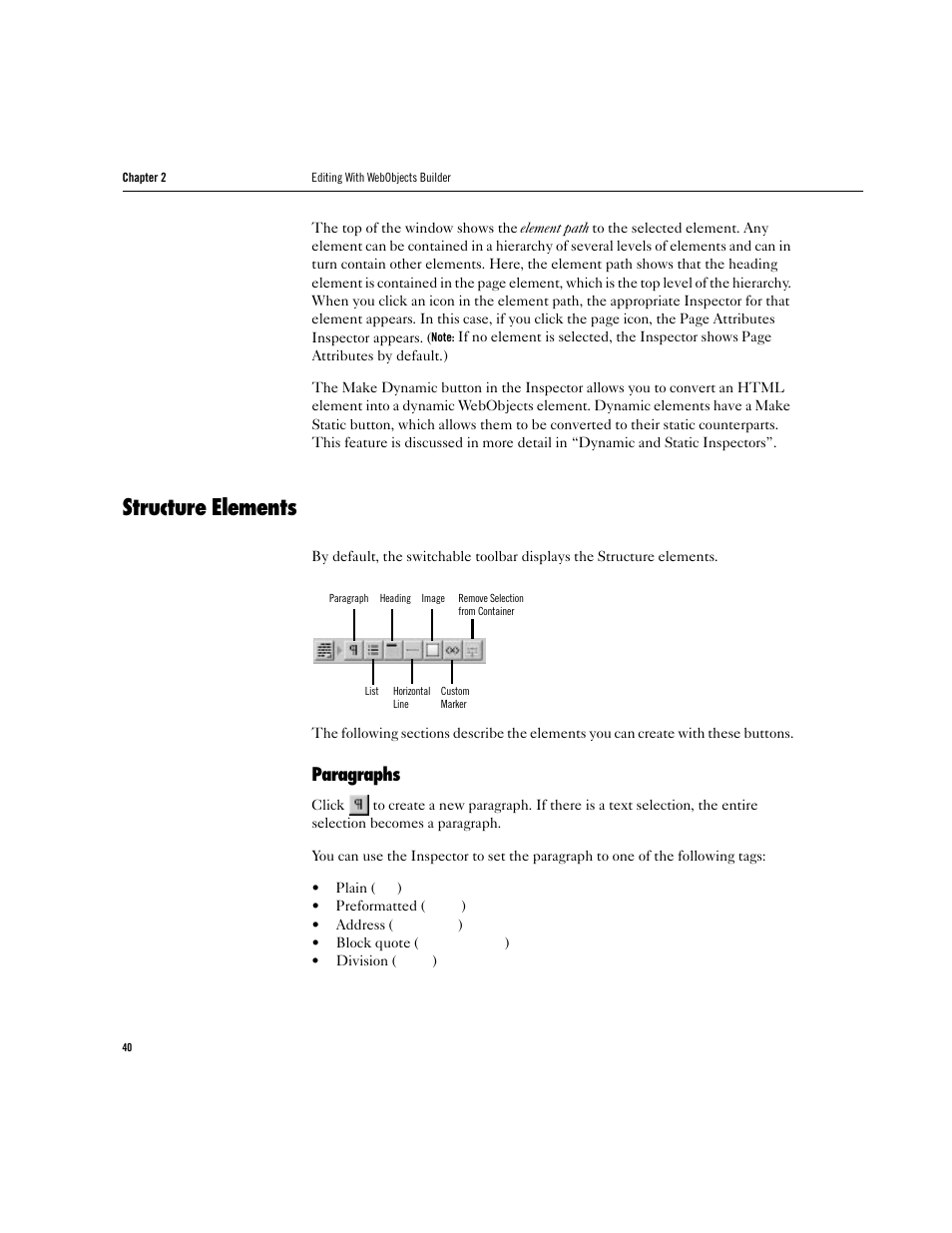 Structure elements, Paragraphs | Apple WebObjects 3.5 Tools And Techniques User Manual | Page 40 / 88