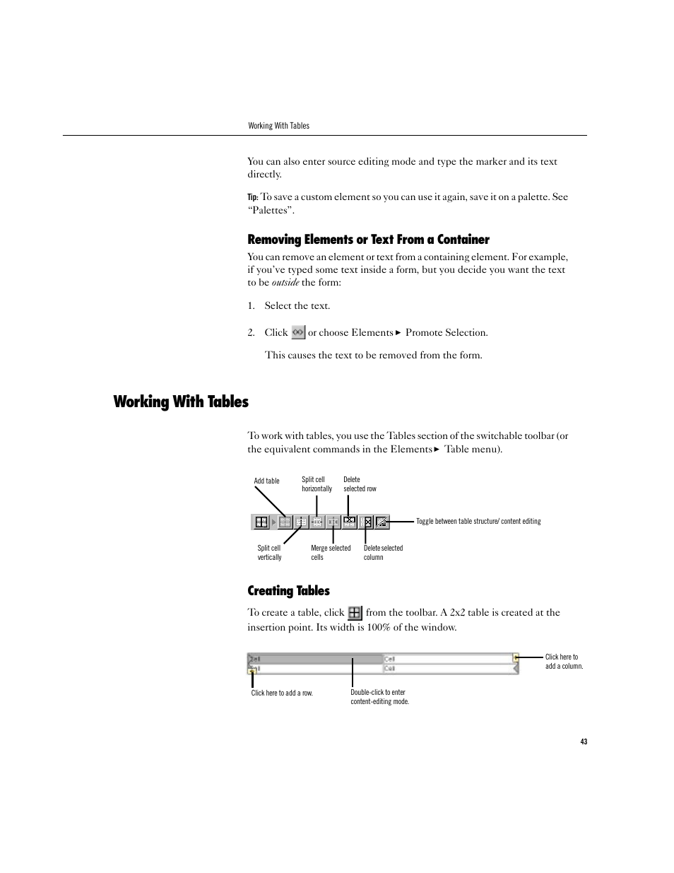 Working with tables, Removing elements or text from a container, Creating tables | Apple WebObjects 3.5 Tools And Techniques User Manual | Page 43 / 88