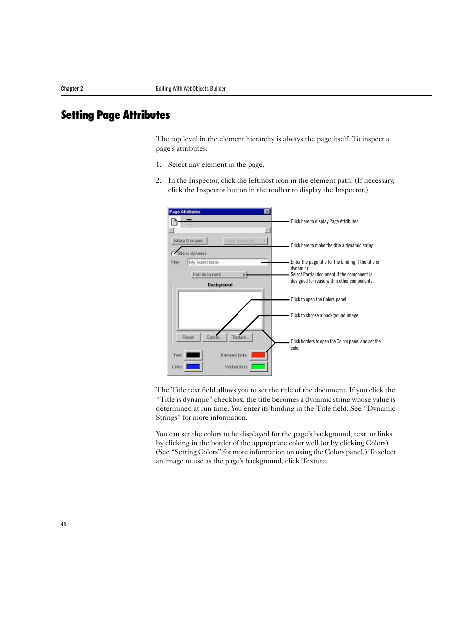 Setting page attributes | Apple WebObjects 3.5 Tools And Techniques User Manual | Page 48 / 88