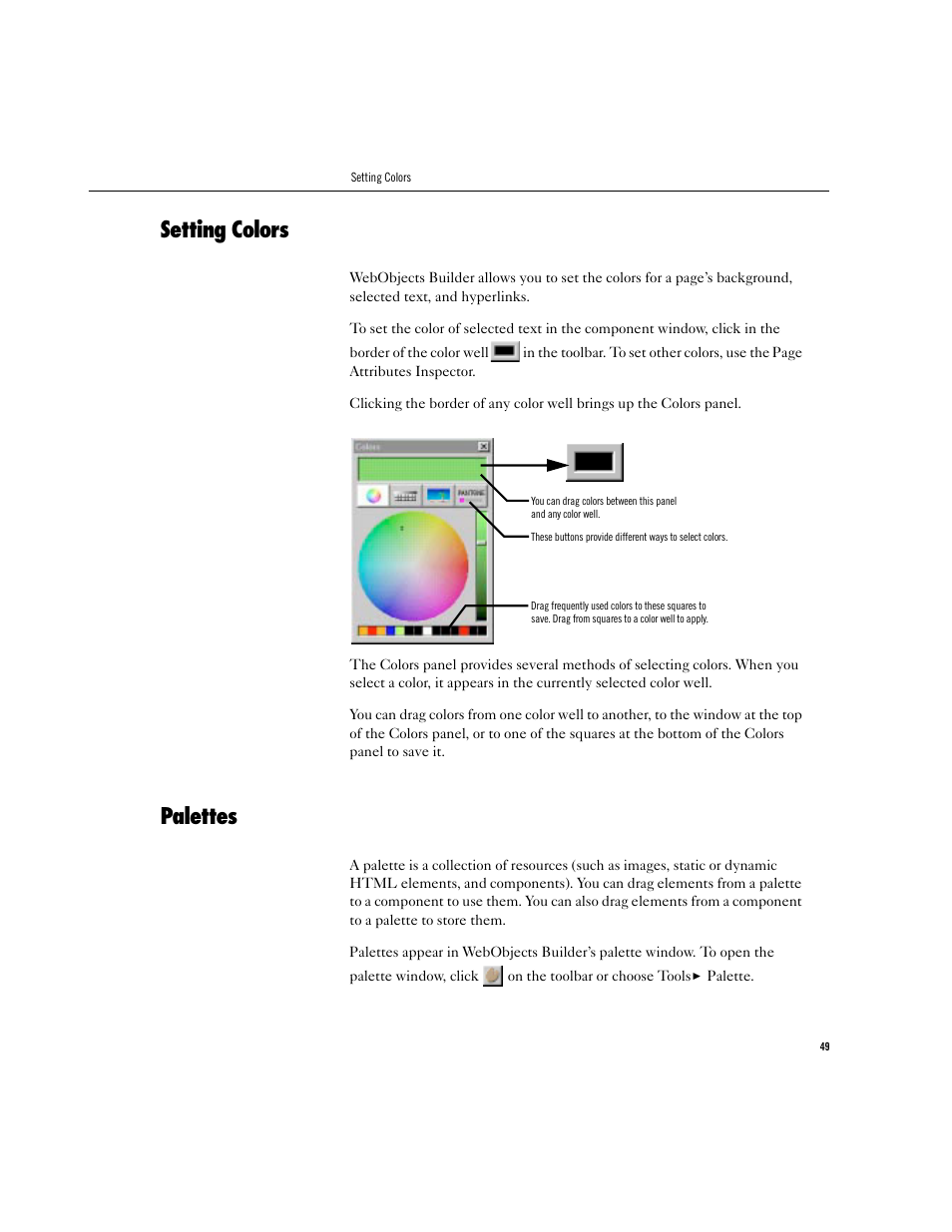 Setting colors, Palettes | Apple WebObjects 3.5 Tools And Techniques User Manual | Page 49 / 88