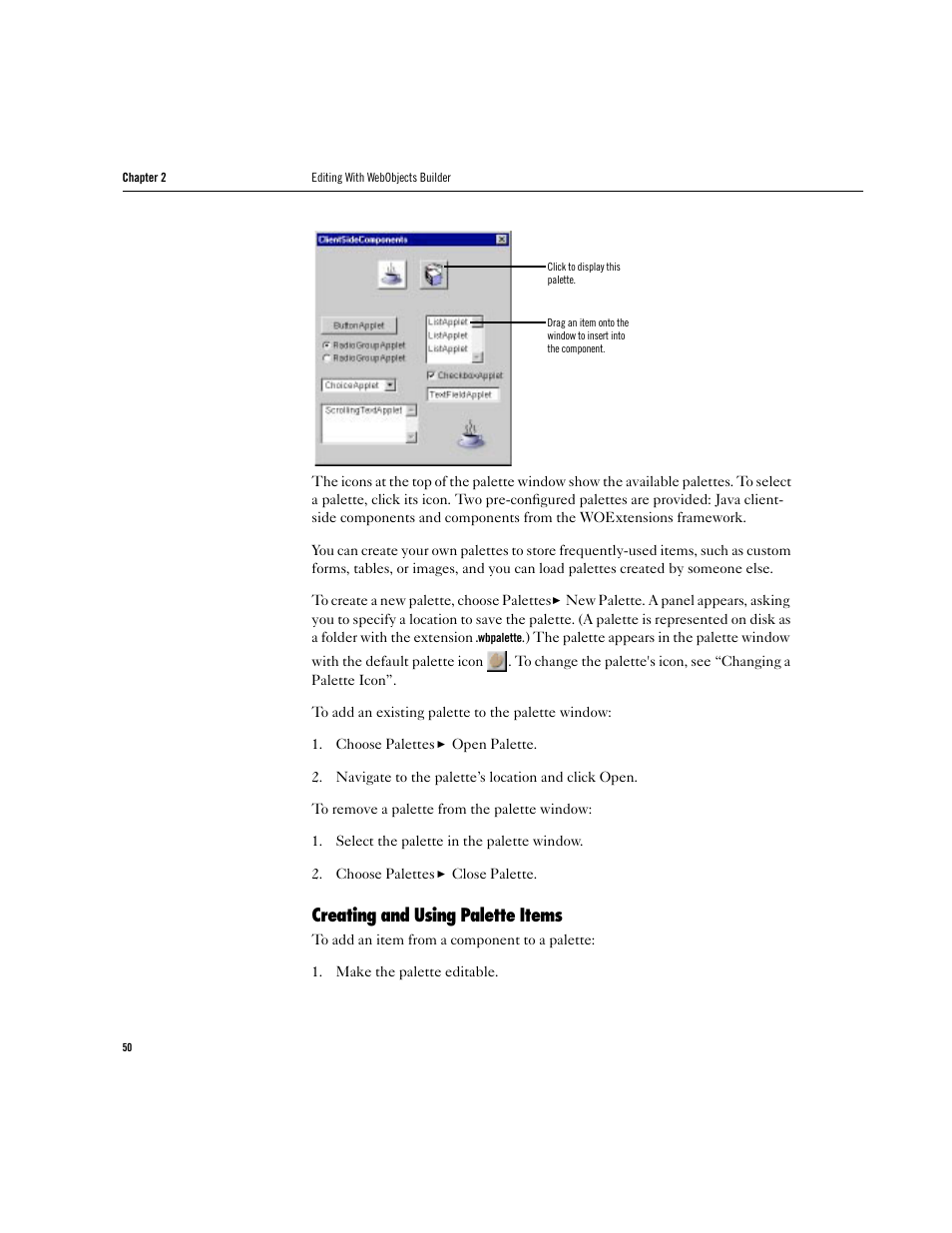Creating and using palette items | Apple WebObjects 3.5 Tools And Techniques User Manual | Page 50 / 88