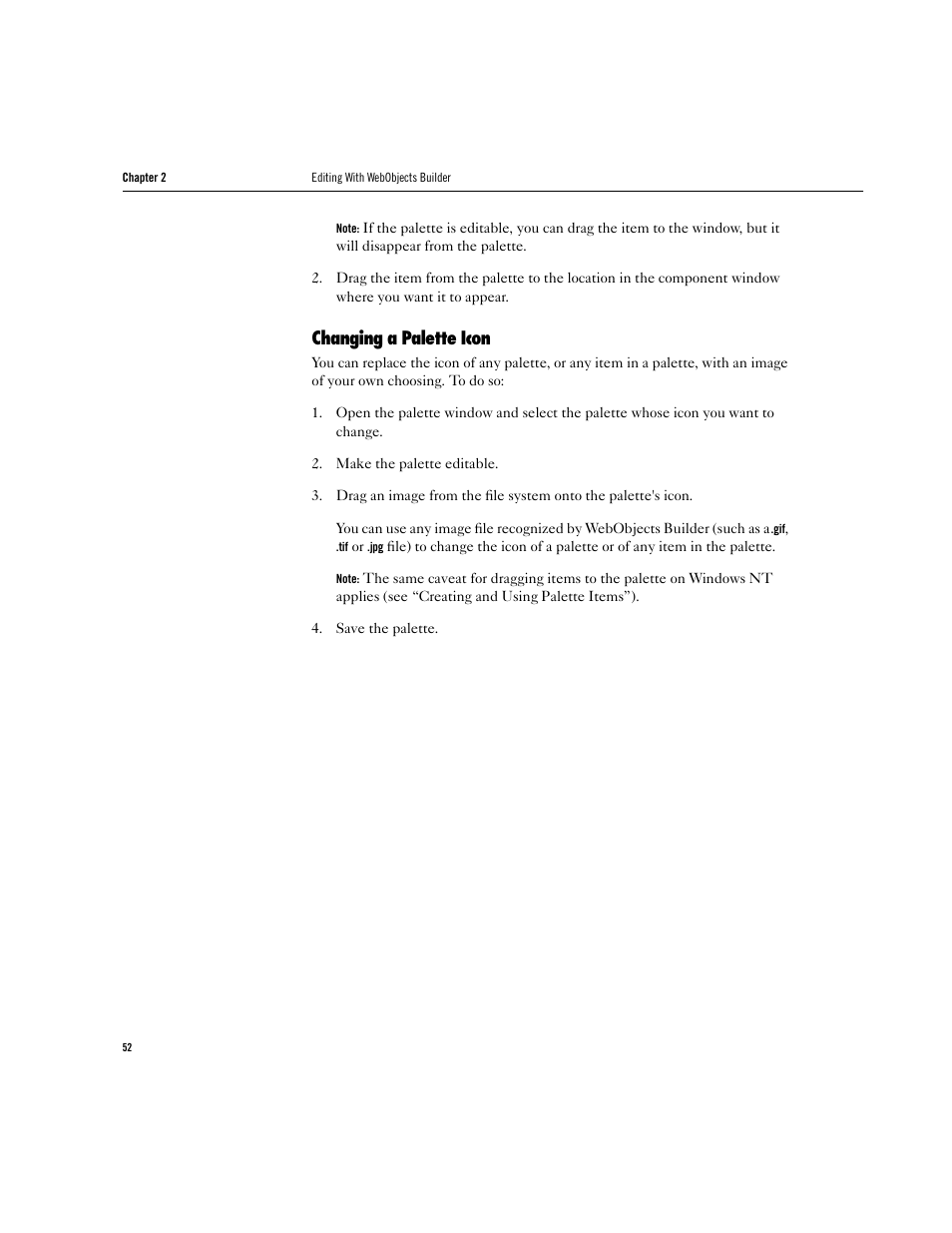 Changing a palette icon | Apple WebObjects 3.5 Tools And Techniques User Manual | Page 52 / 88