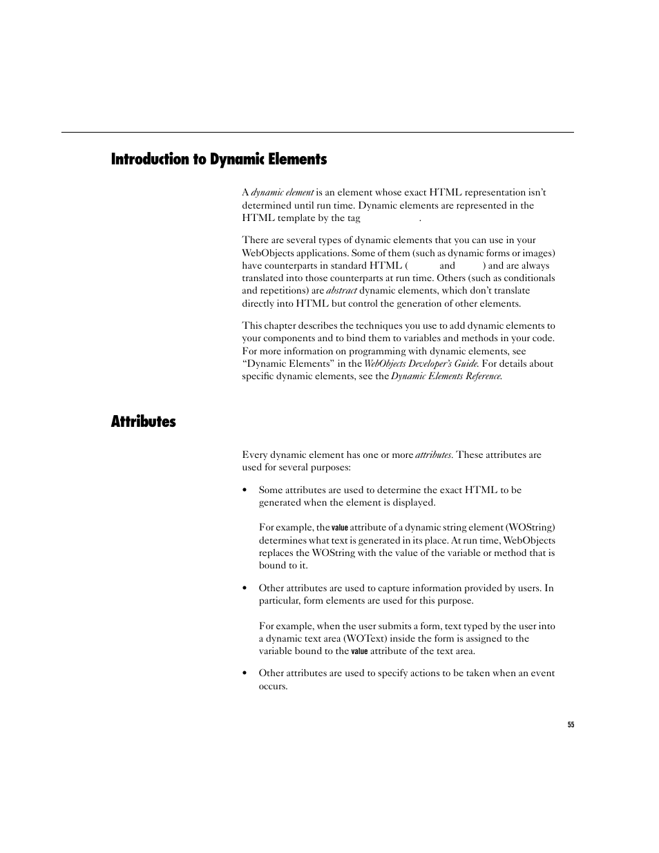 Introduction to dynamic elements, Attributes | Apple WebObjects 3.5 Tools And Techniques User Manual | Page 55 / 88