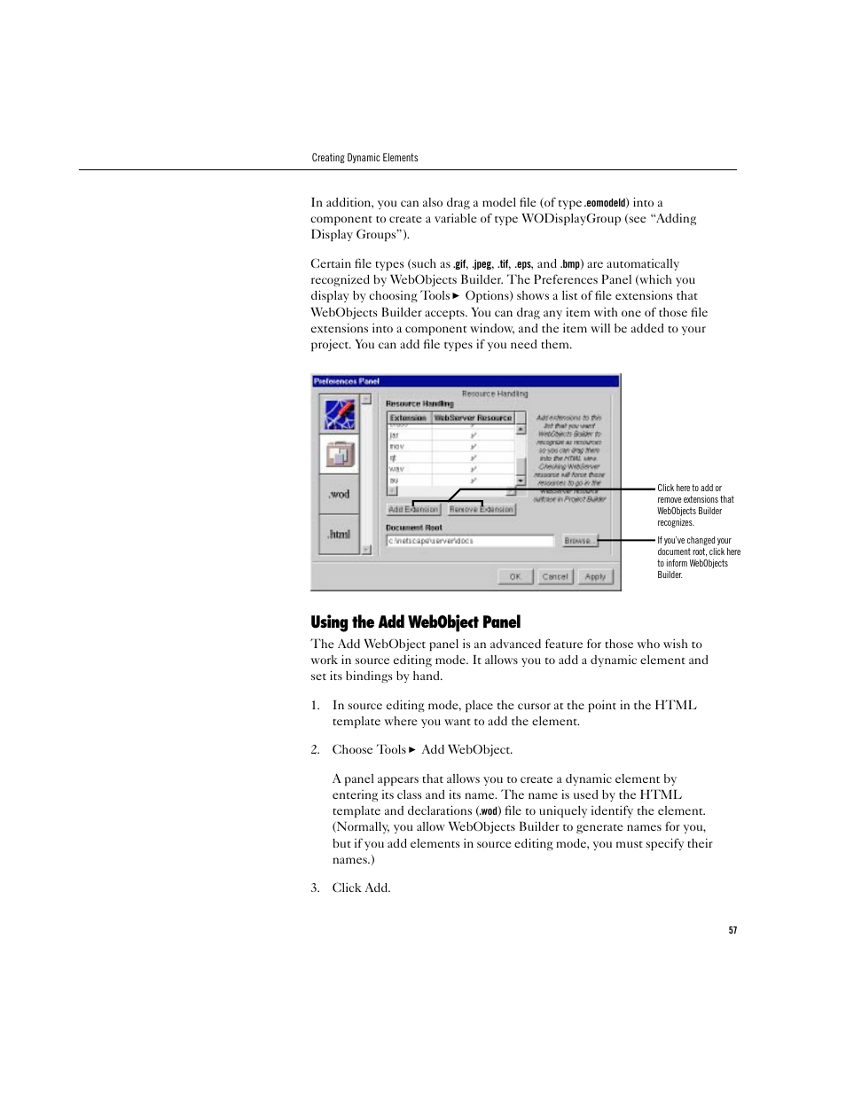 Using the add webobject panel | Apple WebObjects 3.5 Tools And Techniques User Manual | Page 57 / 88