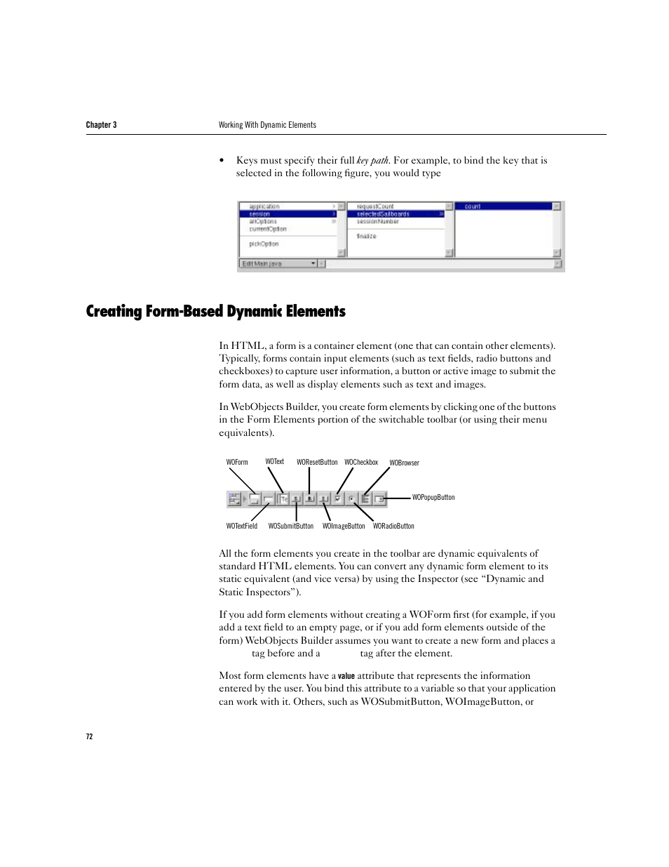Creating form-based dynamic elements | Apple WebObjects 3.5 Tools And Techniques User Manual | Page 72 / 88