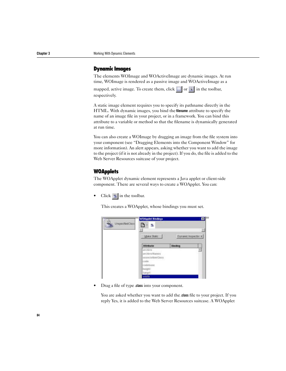 Dynamic images, Woapplets | Apple WebObjects 3.5 Tools And Techniques User Manual | Page 84 / 88