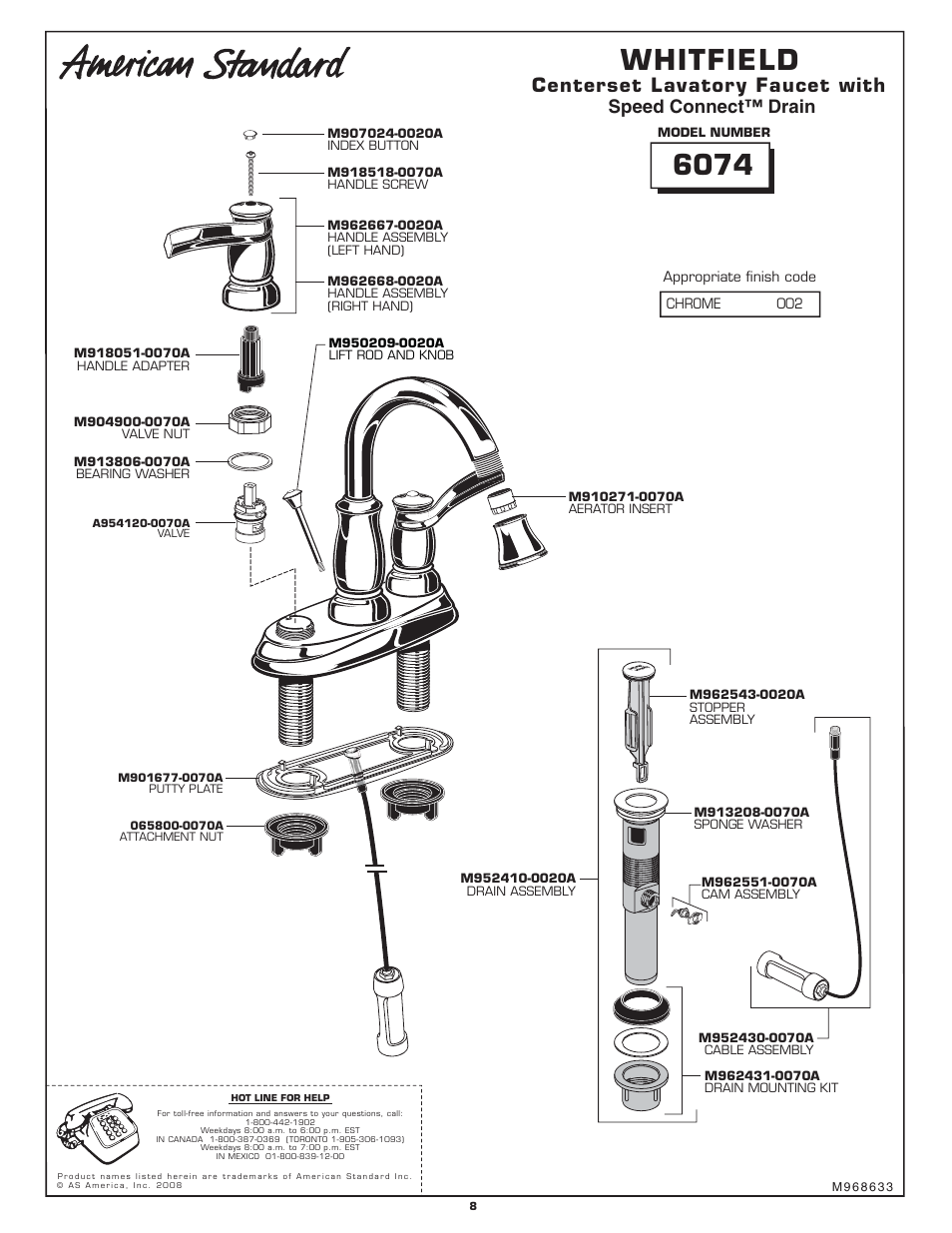 American Standard Whitfield 6074 User Manual | 1 page