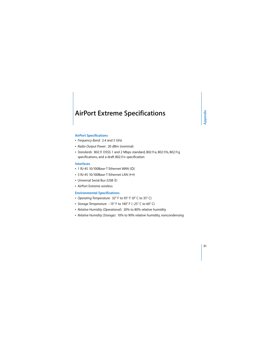 Airport extreme specifications | Apple AirPort Extreme 802.11n (1st Generation) User Manual | Page 31 / 36