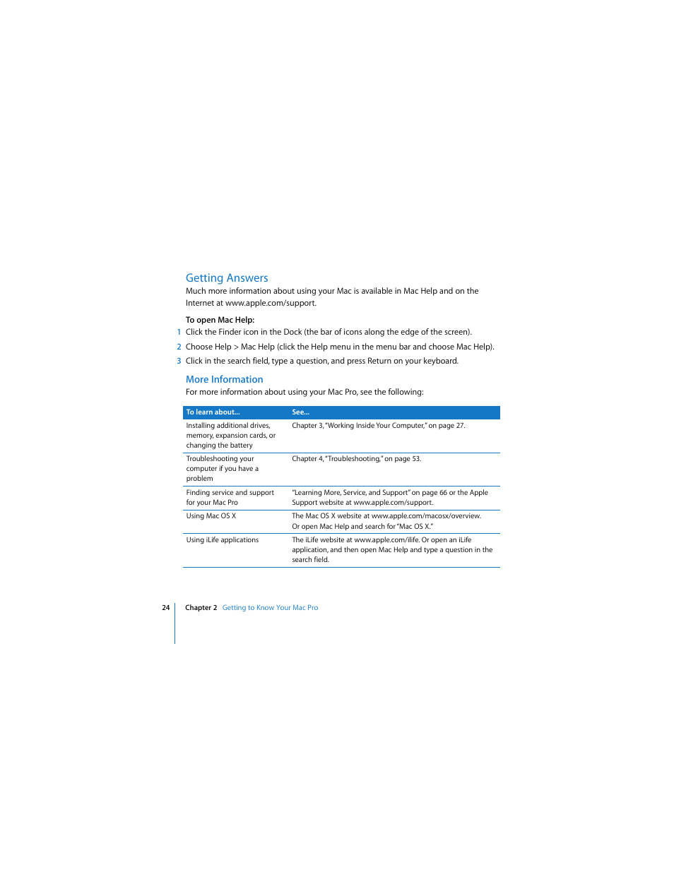 Getting answers | Apple Mac Pro (8-core) User Manual | Page 24 / 92