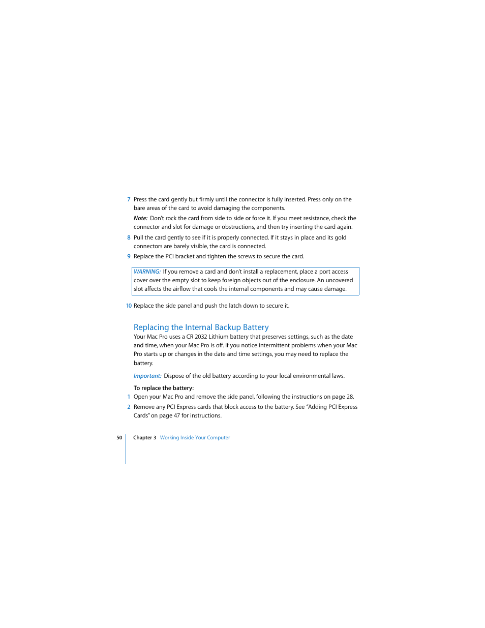 Replacing the internal backup battery | Apple Mac Pro (8-core) User Manual | Page 50 / 92