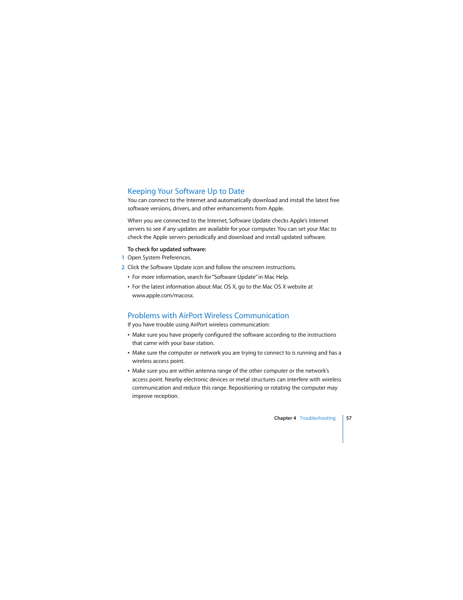 Keeping your software up to date, Problems with airport wireless communication | Apple Mac Pro (8-core) User Manual | Page 57 / 92