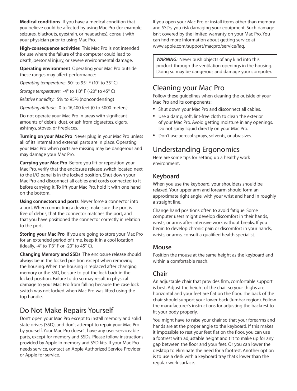 Cleaning your mac pro, Understanding ergonomics, Do not make repairs yourself | Apple Mac Pro (Late 2013) User Manual | Page 3 / 12