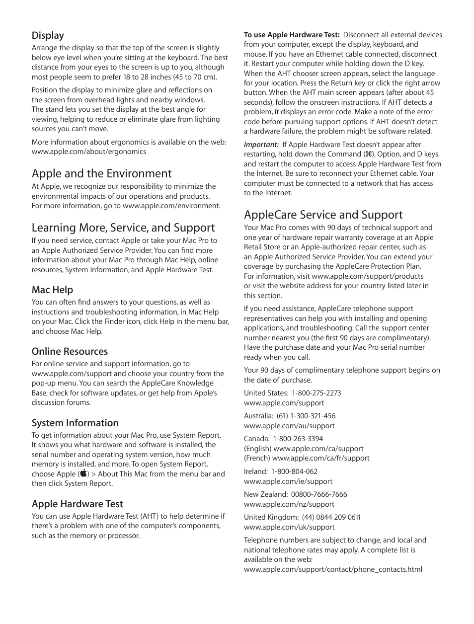 Applecare service and support, Apple and the environment, Learning more, service, and support | Apple Mac Pro (Late 2013) User Manual | Page 4 / 12