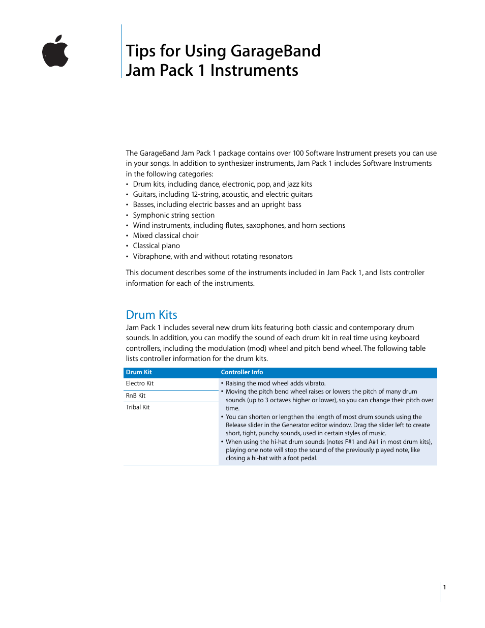 Apple GarageBand Jam Pack 1 Instrument Tips User Manual | 4 pages