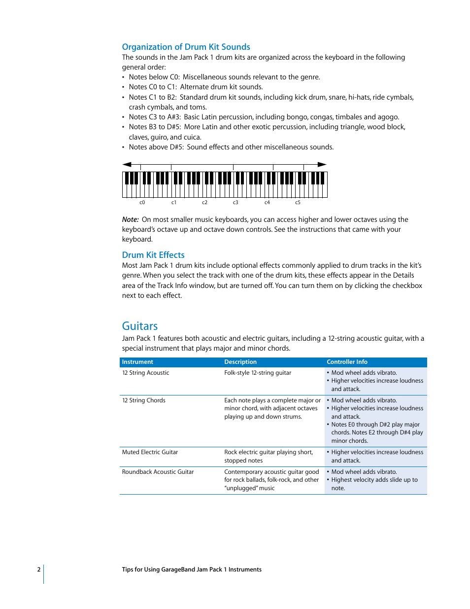 Organization of drum kit sounds, Drum kit effects, Guitars | Apple GarageBand Jam Pack 1 Instrument Tips User Manual | Page 2 / 4