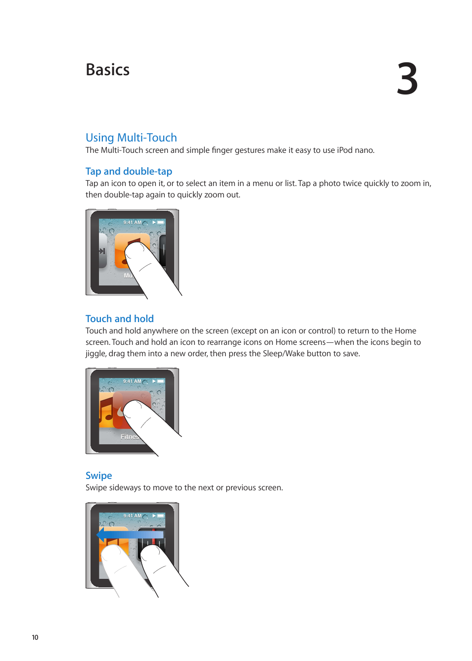 Chapter 3: basics, Using multi-touch, Basics | Apple iPod nano (6th generation) User Manual | Page 10 / 66