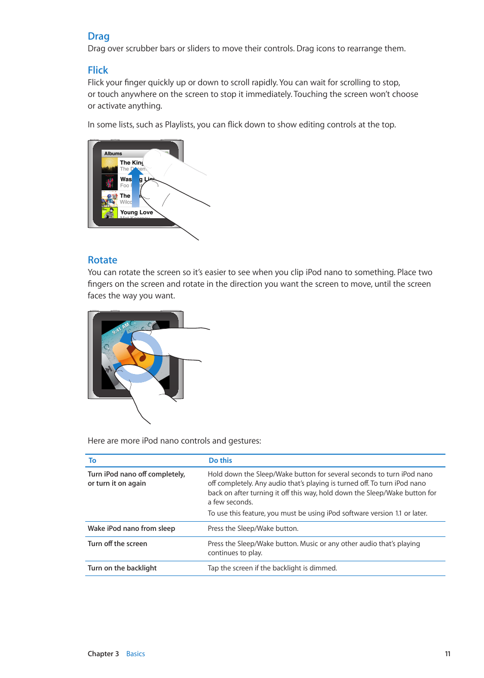 Drag, Flick, Rotate | Apple iPod nano (6th generation) User Manual | Page 11 / 66