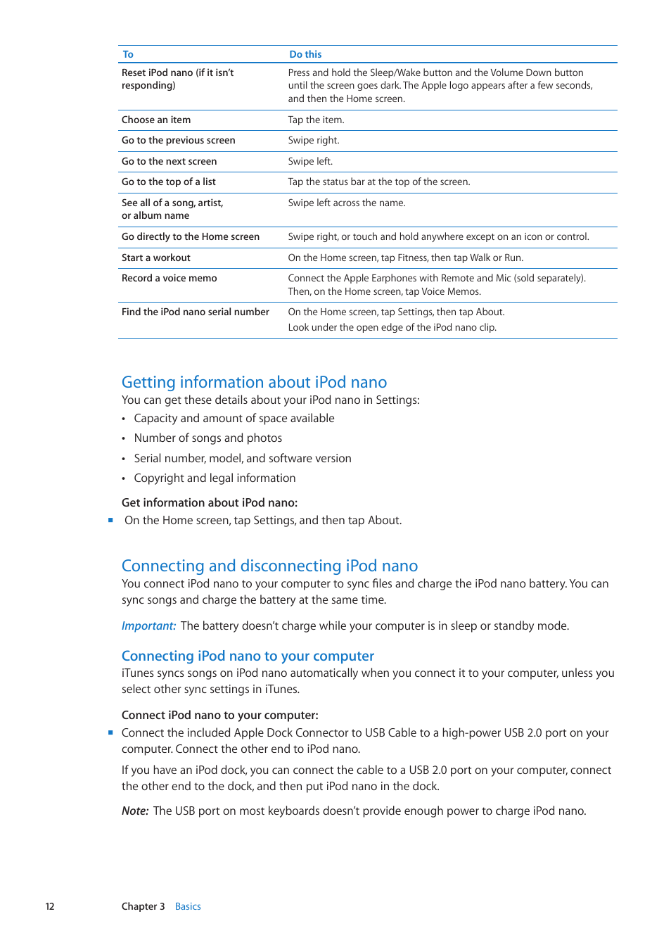 Getting information about ipod nano, Connecting and disconnecting ipod nano, Connecting ipod nano to your computer | Apple iPod nano (6th generation) User Manual | Page 12 / 66