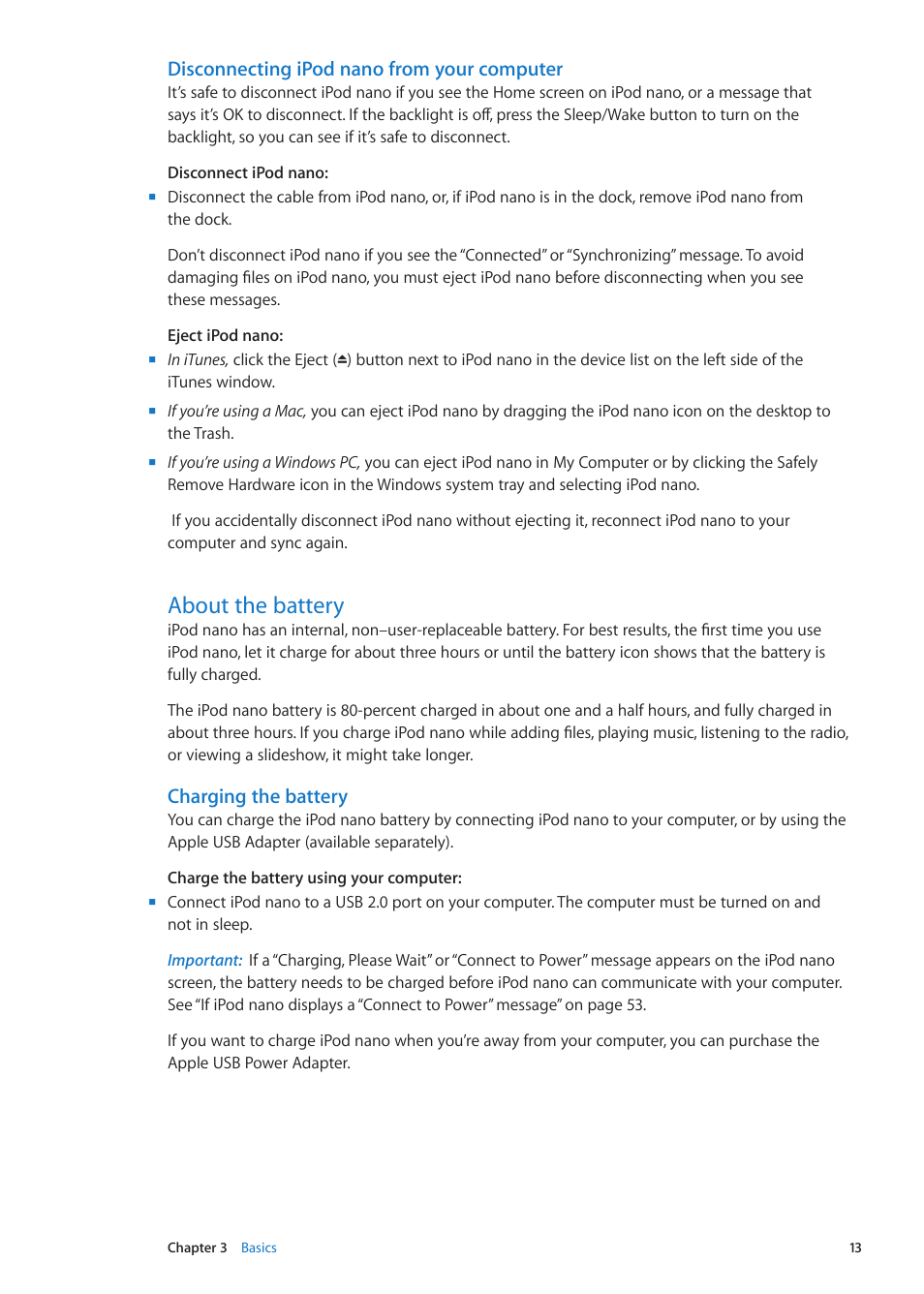 About the battery, Disconnecting ipod nano from your computer, Charging the battery | Apple iPod nano (6th generation) User Manual | Page 13 / 66