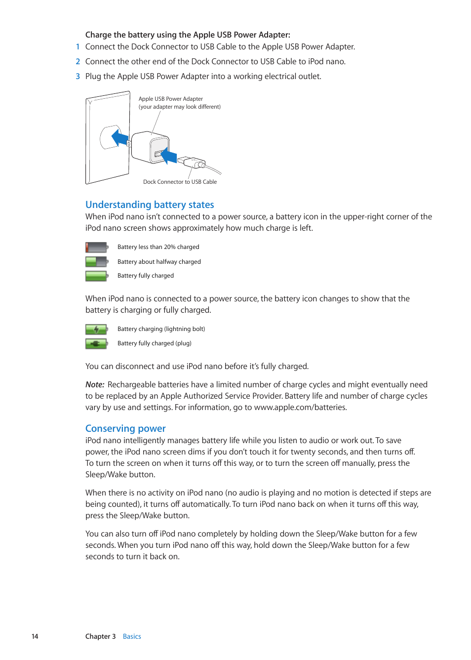 Understanding battery states, Conserving power | Apple iPod nano (6th generation) User Manual | Page 14 / 66