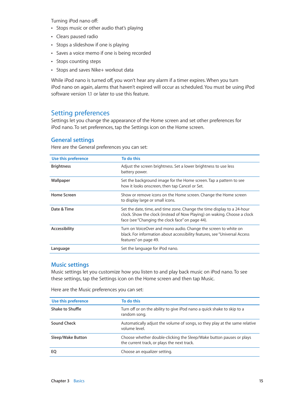 Setting preferences, General settings, Music settings | Apple iPod nano (6th generation) User Manual | Page 15 / 66