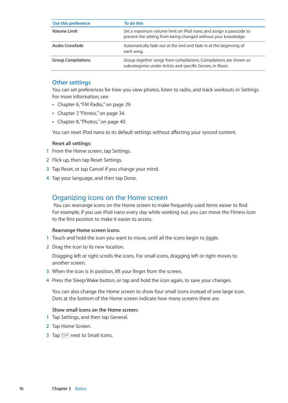 Organizing icons on the home screen, 16 organizing icons on the home screen, Other settings | Apple iPod nano (6th generation) User Manual | Page 16 / 66