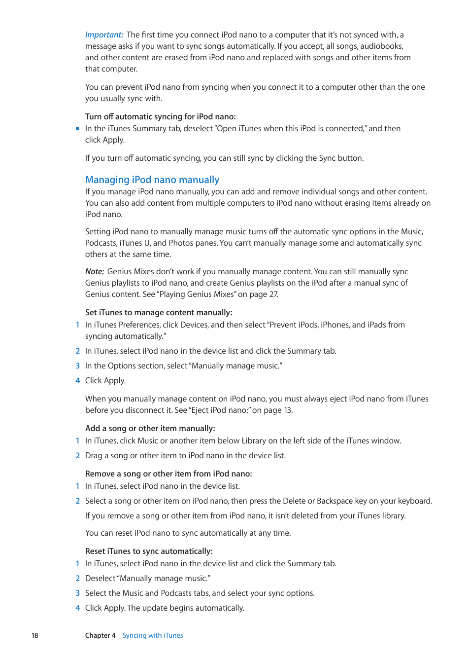 Managing ipod nano manually | Apple iPod nano (6th generation) User Manual | Page 18 / 66