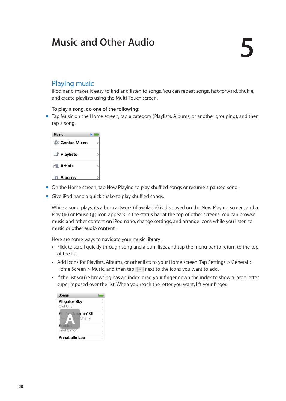 Chapter 5: music and other audio, Playing music, 20 playing music | Music and other audio | Apple iPod nano (6th generation) User Manual | Page 20 / 66