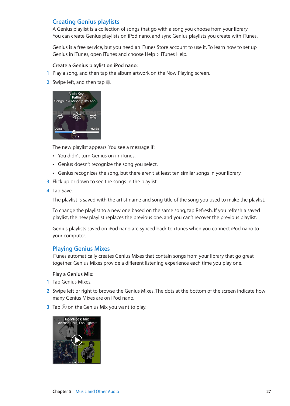 Playing genius mixes, Creating genius playlists | Apple iPod nano (6th generation) User Manual | Page 27 / 66