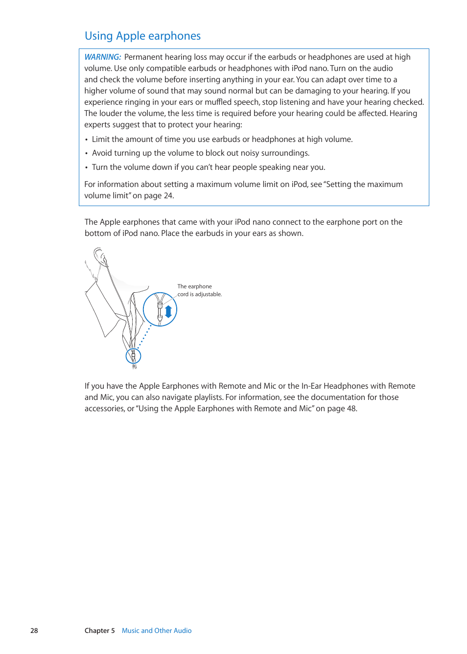 Using apple earphones, 28 using apple earphones | Apple iPod nano (6th generation) User Manual | Page 28 / 66