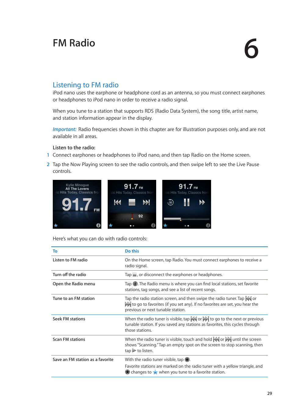 Chapter 6: fm radio, Listening to fm radio, 29 listening to fm radio | Fm radio | Apple iPod nano (6th generation) User Manual | Page 29 / 66